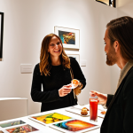 **

A brightly lit art gallery opening night. Guests are mingling, some looking at artwork, others chatting. Soft, ambient lighting with subtle décor elements. Refreshments are visible on a nearby table. The overall feeling is energetic and sophisticated. Focus on creating a buzz and sense of excitement.

**