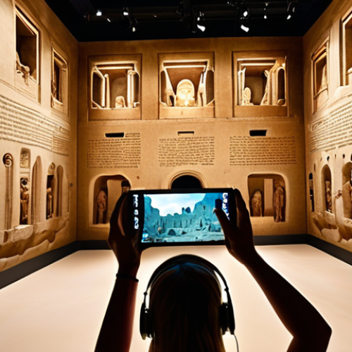 Home 6 **Prompt 1: Digital Frontiers in Cultural Spaces**
"A visually striking, modern museum interior where ancient artifacts meet cutting-edge technology. Imagine a holographic projection of an ancient city hovering over miniature ruins, while visitors wear sleek VR headsets, fully immersed in a virtual tour of a historical site. Others interact with augmented reality overlays on their phones, revealing hidden details about sculptures. The space is vibrant, bathed in intelligent lighting, showcasing seamless integration of digital and physical elements for an immersive, personalized, and engaging visitor experience. Focus on dynamic interactions and sophisticated tech enhancing historical narratives."