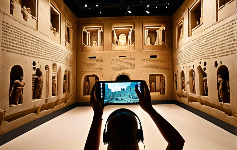 **Prompt 1: Digital Frontiers in Cultural Spaces**
"A visually striking, modern museum interior where ancient artifacts meet cutting-edge technology. Imagine a holographic projection of an ancient city hovering over miniature ruins, while visitors wear sleek VR headsets, fully immersed in a virtual tour of a historical site. Others interact with augmented reality overlays on their phones, revealing hidden details about sculptures. The space is vibrant, bathed in intelligent lighting, showcasing seamless integration of digital and physical elements for an immersive, personalized, and engaging visitor experience. Focus on dynamic interactions and sophisticated tech enhancing historical narratives."
