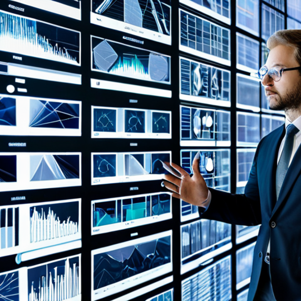 A focused cultural arts researcher in a professional business suit, standing in a contemporary cultural research lab. Large transparent screens surround them, displaying intricate data visualizations of audience engagement patterns and abstract AI art algorithms. Subtle holographic projections of digital artworks float in the air. The researcher thoughtfully observes the data, perhaps gesturing towards a screen, conveying deep intellectual engagement. Fully clothed, appropriate attire, professional dress, safe for work, appropriate content, family-friendly, perfect anatomy, correct proportions, natural pose, well-formed hands, proper finger count, natural body proportions, professional photography, high resolution.