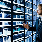 A focused cultural arts researcher in a professional business suit, standing in a contemporary cultural research lab. Large transparent screens surround them, displaying intricate data visualizations of audience engagement patterns and abstract AI art algorithms. Subtle holographic projections of digital artworks float in the air. The researcher thoughtfully observes the data, perhaps gesturing towards a screen, conveying deep intellectual engagement. Fully clothed, appropriate attire, professional dress, safe for work, appropriate content, family-friendly, perfect anatomy, correct proportions, natural pose, well-formed hands, proper finger count, natural body proportions, professional photography, high resolution.