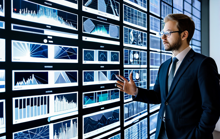 A focused cultural arts researcher in a professional business suit, standing in a contemporary cultural research lab. Large transparent screens surround them, displaying intricate data visualizations of audience engagement patterns and abstract AI art algorithms. Subtle holographic projections of digital artworks float in the air. The researcher thoughtfully observes the data, perhaps gesturing towards a screen, conveying deep intellectual engagement. Fully clothed, appropriate attire, professional dress, safe for work, appropriate content, family-friendly, perfect anatomy, correct proportions, natural pose, well-formed hands, proper finger count, natural body proportions, professional photography, high resolution.
