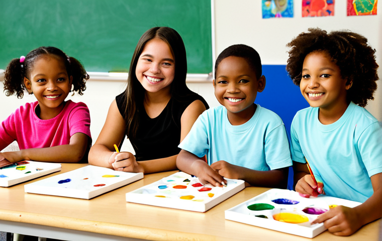Community Arts Program**

"A diverse group of fully clothed children participating in a vibrant after-school art class at a community center, appropriate attire, safe for work. Kids are smiling and engaged, creating colorful paintings and sculptures. The background features a well-lit classroom with art supplies and displays of children's artwork. perfect anatomy, natural proportions, professional, family-friendly, high quality, well-formed hands, proper finger count, natural body proportions."

**