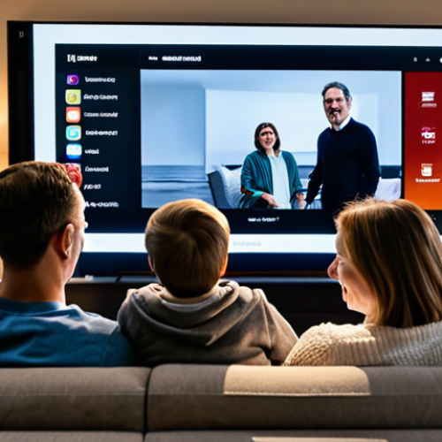 Home 21 Streaming Dominance in a Modern Living Room**
A diverse family enjoys a movie night in a modern living room. A large screen displays a popular streaming service interface. Comfortable seating, soft lighting. Fully clothed, appropriate attire, safe for work, perfect anatomy, natural proportions, warm and inviting atmosphere, professional photography, high quality, modest family-friendly scene.
**
