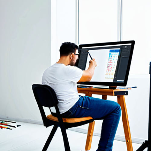 Home 19 예술과 미디어 산업 - Digital Artist at Work**
"A digital artist, fully clothed and wearing a casual t-shirt and jeans, s...