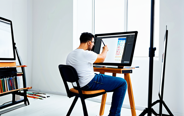 예술과 미디어 산업 - Digital Artist at Work**
"A digital artist, fully clothed and wearing a casual t-shirt and jeans, s...