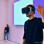 예술경영과 문화융합 사례 - **Prompt: "A futuristic and vibrant digital art gallery experience. A diverse group of young adults ...