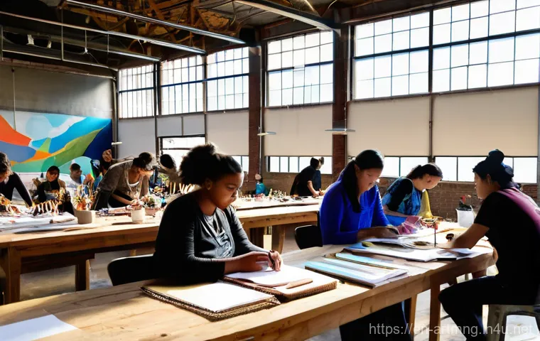 예술경영과 크리에이티브 씽킹 - **Prompt:** A dynamic, immersive digital art exhibition in a large, open-plan modern gallery space. ...