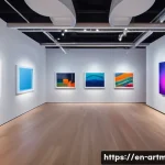 예술경영과 UX 디자인 - A modern art gallery interior featuring immersive multisensory installations: ambient colored lighti...