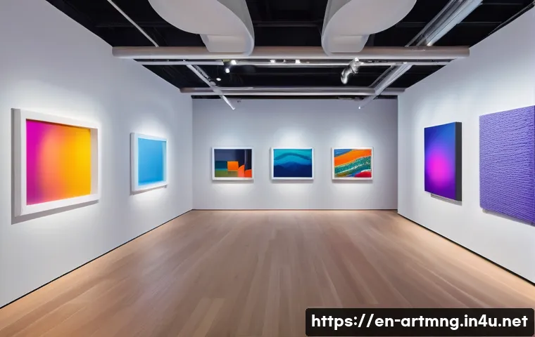 예술경영과 UX 디자인 - A modern art gallery interior featuring immersive multisensory installations: ambient colored lighti...