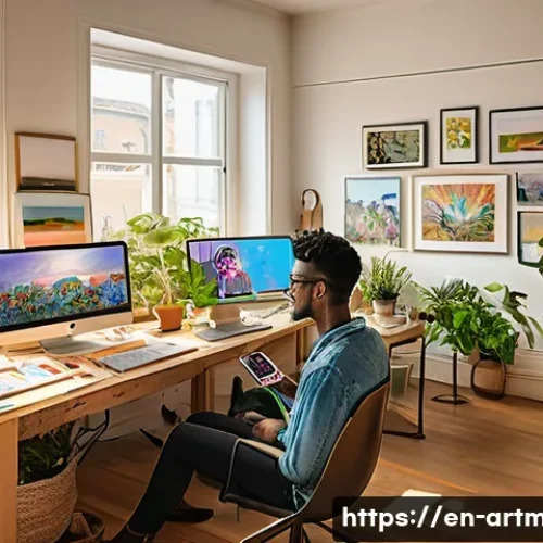 크라우드 펀딩과 예술 - A vibrant scene depicting an independent artist in a cozy, sunlit studio, surrounded by paintings an...