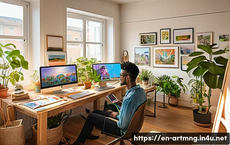 크라우드 펀딩과 예술 - A vibrant scene depicting an independent artist in a cozy, sunlit studio, surrounded by paintings an...