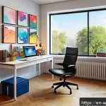 예술 마케팅 전략 - A modern digital artist&rsquo;s cozy home studio, featuring a sleek desk with dual monitors displaying col...