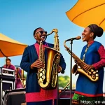 문화예술과 국제 교류 - A vibrant scene of a multicultural music collaboration on an open-air festival stage at sunset, feat...