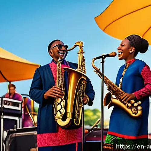 문화예술과 국제 교류 - A vibrant scene of a multicultural music collaboration on an open-air festival stage at sunset, feat...