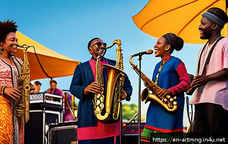 문화예술과 국제 교류 - A vibrant scene of a multicultural music collaboration on an open-air festival stage at sunset, feat...