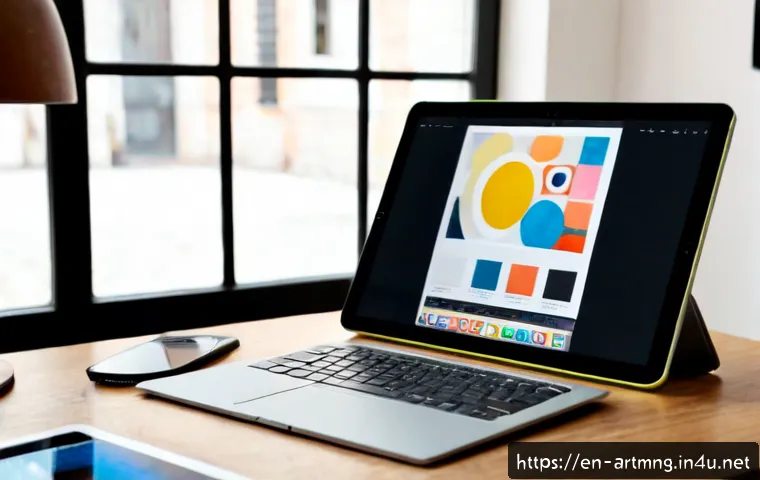 디지털 예술 비즈니스 모델 - Photorealistic modern home studio showing an independent digital artist reviewing colorful original ...