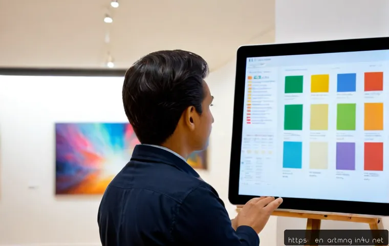 예술산업 트렌드 분석 - Photorealistic contemporary art market analysis scene, diverse gallery curator and financial analyst...