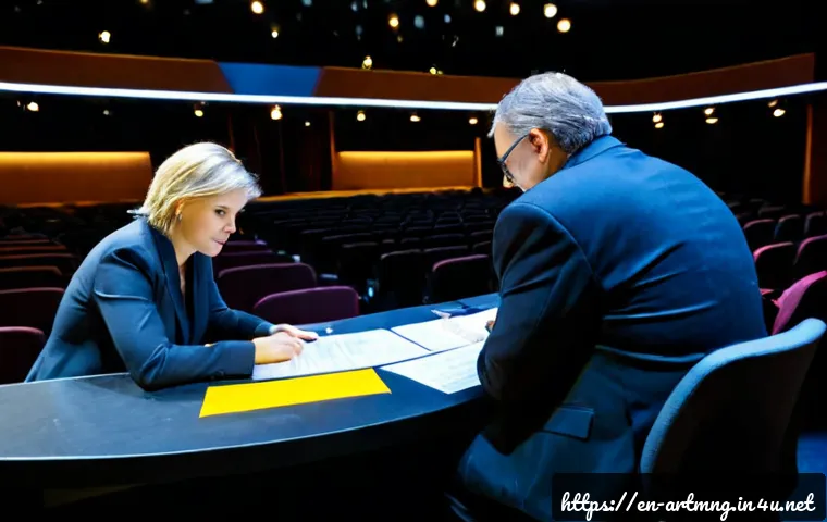 공연예술 경영 - Photorealistic performing arts manager reviewing a stage production budget with a theater director a...